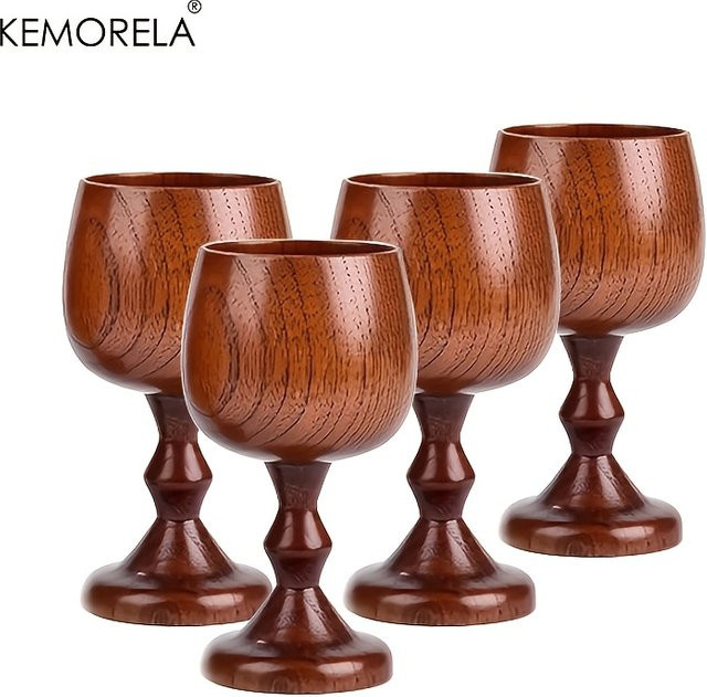 KEMORELA Handgefertigtes Kelch-Tassen-Set aus massivem Fichtenholz in Braun für Wein und Tee - Bild 1