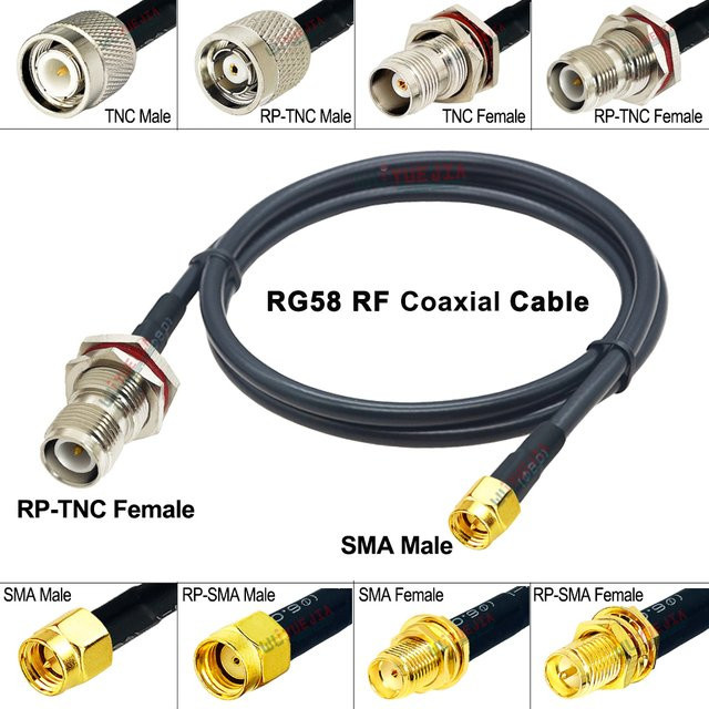 WUYUEJIA RG-58/U Koax-Verlängerungskabel in Schwarz mit SMA-Stecker auf RP-TNC-Stecker und TNC-Buchse, Länge: 15 cm bis 20 m - Bild 1