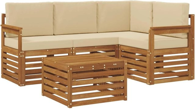 vidaXL 5-teiliges Gartenmöbelset in L-Form aus Akazienholz mit Kissen in Natur und Beige - Bild 1