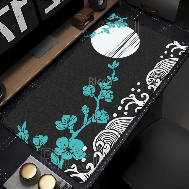 Riccu Mauspad mit rosa Kirschblüten und Wellen-Design, Schreibtischunterlage mit HD-Druck, B/B/H: 90 x 40 cm - Bild 1