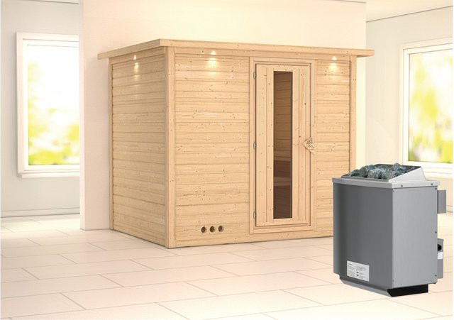 Massivholzsauna SONARA mit 9.0 kW Ofen, integrierter Steuerung und Energiespartür, B/T/H: 231 x 196 cm - Bild 1