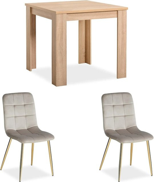 Homestyle4u Essgruppe aus Holz mit quadratischem Tisch und 2 Polsterstühlen in Beige Natur und Grau mit Goldakzenten - Bild 1