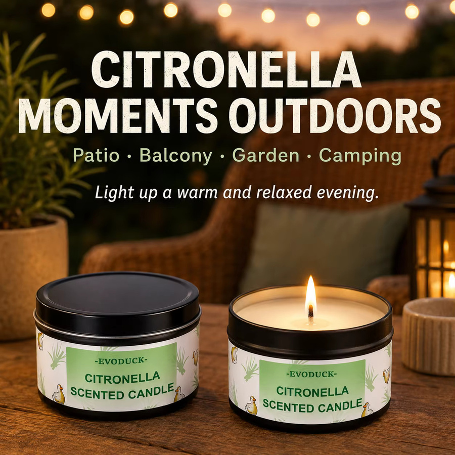 EVODUCK Citronella-Kerze für draußen mit frischem Zitronengras-Duft, schwarze Metall-Tischkerze, rund - Bild 6