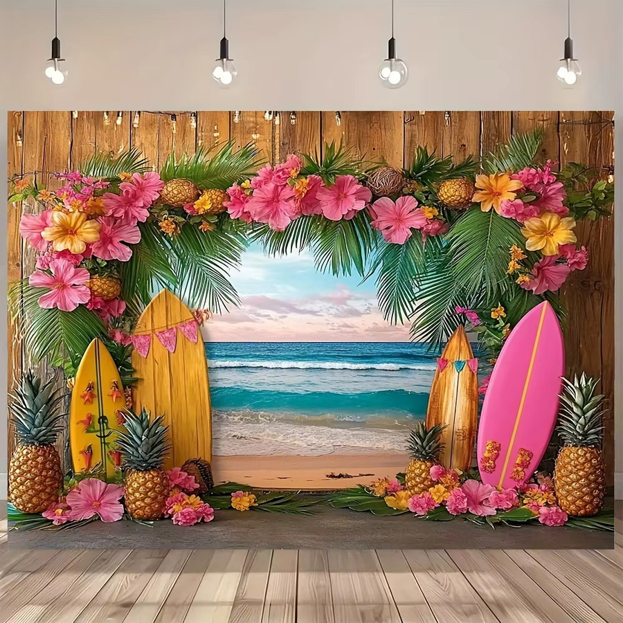 OURFETE Hawaiianischer Strand-Hintergrund mit Palmen und Surfbrettern in Mehrfarbig für deine Sommer-Aloha-Themenparty - Bild 1