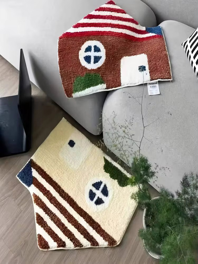 VIKAMA Kreativer Teppich in Hausform, rot-weiß gestreift, amerikanischer Stil für Kinderzimmer und Wohnzimmer - Bild 3