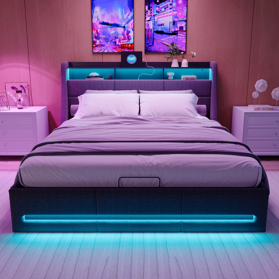 Fangange Gepolstertes Doppelbett mit Stauraum und RGB-LED in Grau, B/T/H: 160 x 200 cm, mit hydraulischem Gaslift, USB-Ladefunktion und Kopfteil-Regal - Bild 2