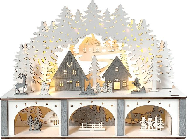 HTI-Living Schwibbogen Dorfidylle in Weiß und Grau aus Holz für die Weihnachtsdekoration - Bild 1