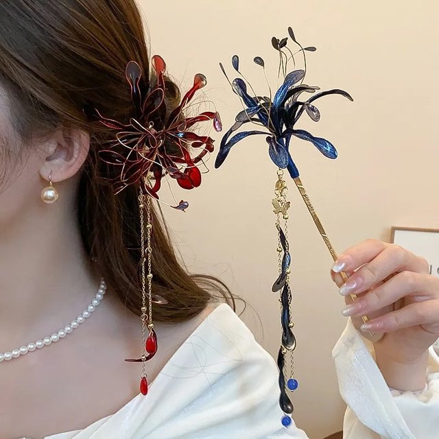 DooMei Haarspangen, rote Spinnenlilien, mit Quasten - Bild 1