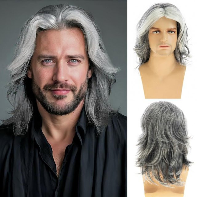 Suri Hair Herrenperücke, grau, lange lockige, synthetisch, hitzebeständig - Bild 1
