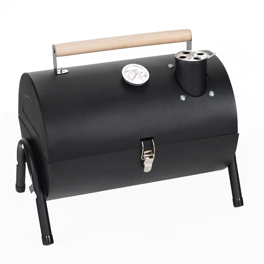 Relaxdays Campinggrill aus Stahl und Kiefernholz in Schwarz mit Deckel und Thermometer, B/T/H: 41 x 35 x 29 cm - Bild 2