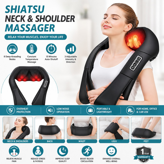 Avehrit Shiatsu-Massagekissen mit Wärmefunktion in Schwarz für Nacken, Schultern, Rücken und Beine - Bild 1