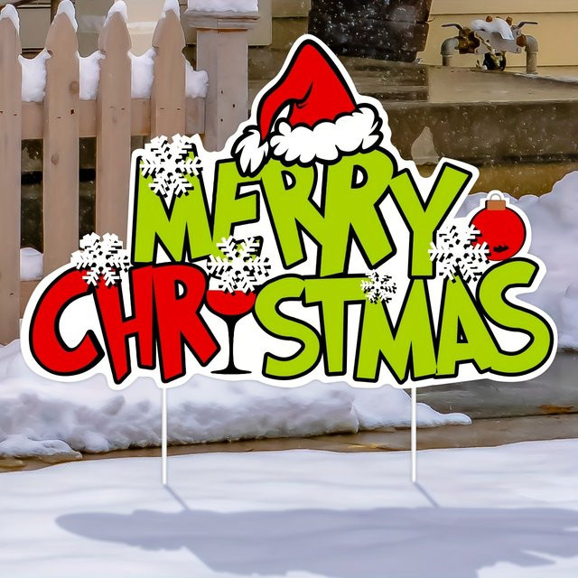 Frohe Weihnachten Hofschild Whoville Thema Gartenstecker Dekoration für Außenbereich in Grün und Mehrfarbig mit Pfahl - Bild 1