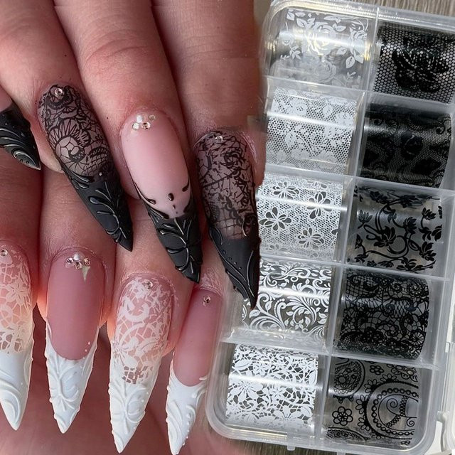 HotPress Nageltransferpapier Spitzenblumen, Schwarz-Weiß, 10 Rollen - Bild 1