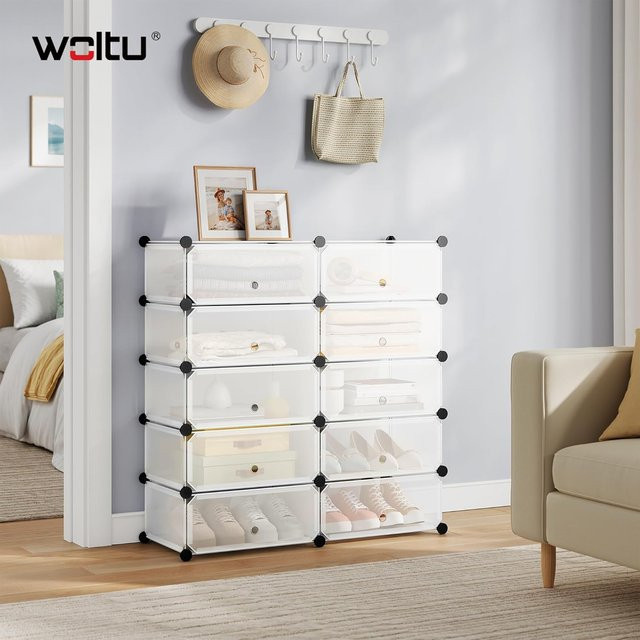 WOLTU DIY-Modul-Schuhregal mit 10 Ablagen, modern, B/T/H: 47 x 35 x 170 cm, weiß, schwarz, transparent - Bild 1
