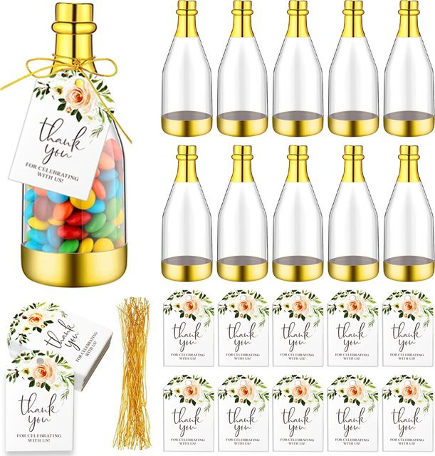 10er-Set goldene Candy-Geschenkboxen in Champagnerflaschenform aus Kunststoff - Bild 1