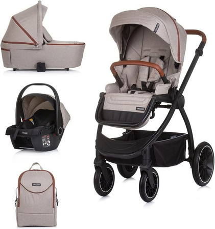 Chipolino Kombikinderwagen Prestige 3 in 1 Set mit Babywanne, Rucksack und i-Size Babyschale in Beige