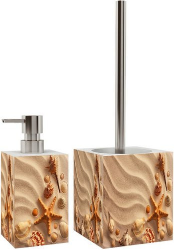 Sanilo Bad-Accessoire-Set Sanibel in Beige mit silbernen Details, freistehend mit Pumpe aus Keramik und Edelstahl - Bild 1