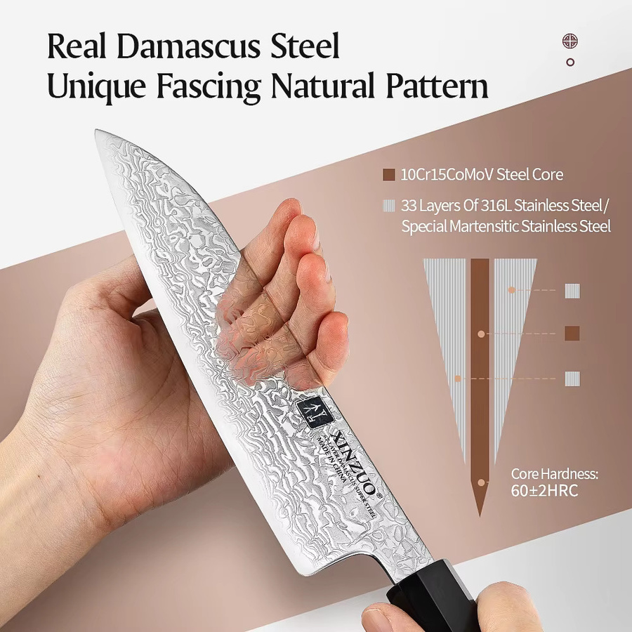 XINZUO Santoku Kochmesser aus 10Cr15CoMoV Stahl mit braunem Olivenholzgriff, 18,54 cm - Bild 2