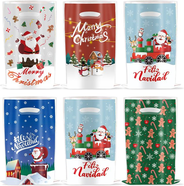 10 Stück Weihnachtsgeschenktüten mit Cartoon-Motiven aus Kunststoff für Kinderpartys und Neujahr, Mehrfarbig - Bild 1