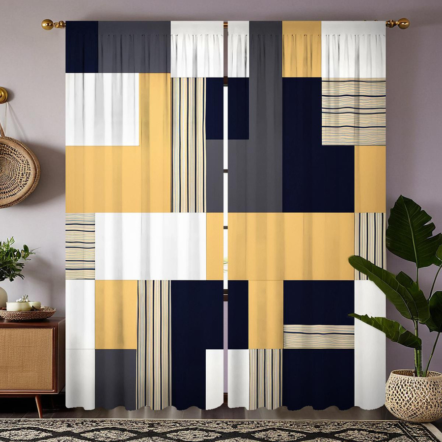 2er-Set Geometrische Vorhänge von Household supplies MH in Gelb und Multicolour, semi-transparent mit modernem Grafikdesign, B: 132 cm, H: 160 cm - Bild 3