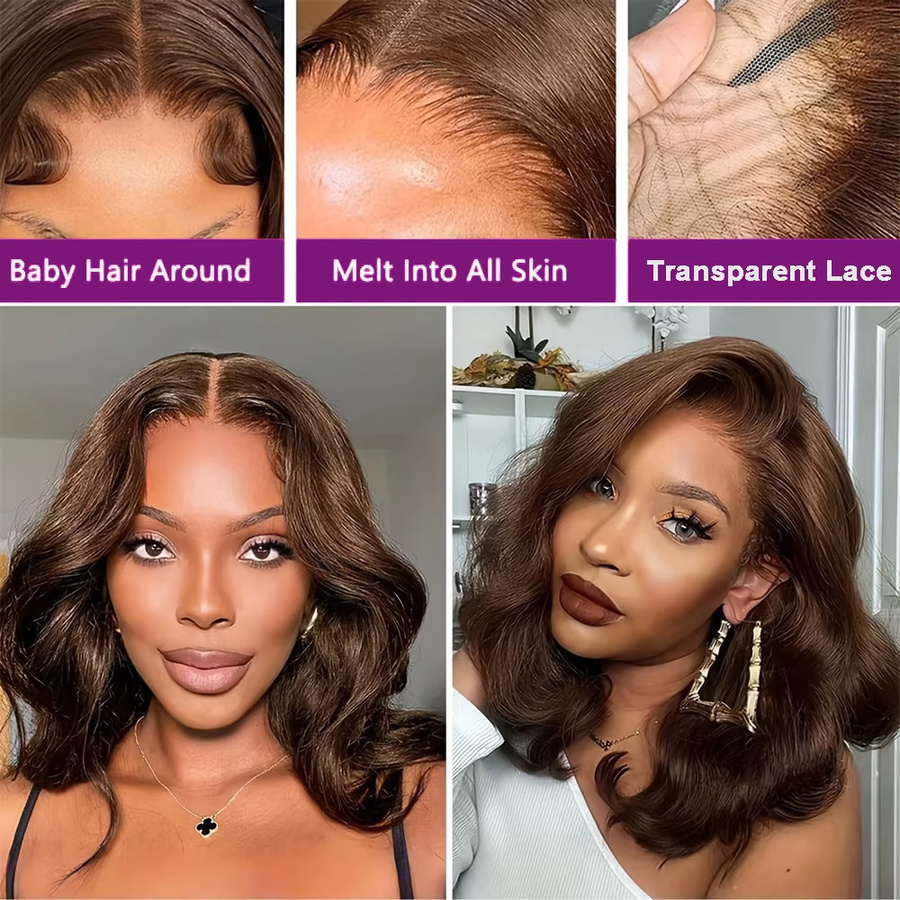 Happy Monday Bob-Perücke Echthaar, Schokoladenbraun, Body Wave, 13x4 HD Lace-Front - Bild 4