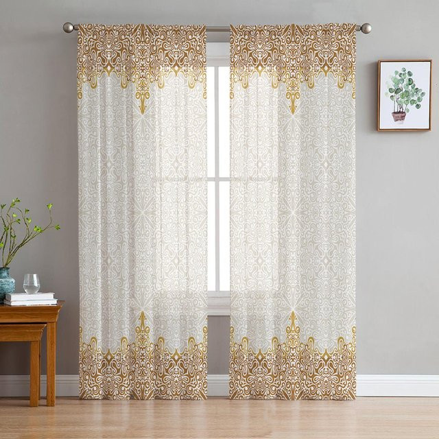 Böhmische Retro Ethnische Vorhänge aus Tüll und Organza in Gelb und Weiß, Transparent mit floralem Muster, Breite: 135 cm, Höhe: 115 cm - Bild 1