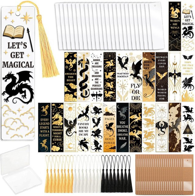 DIY Rechteckiges Lesezeichen-Set mit Drachen-Motiv in Multicolour inklusive Kunststoff-Transferfolie, Aufkleber und Acryl-Lesezeichen-Anhänger - Bild 1