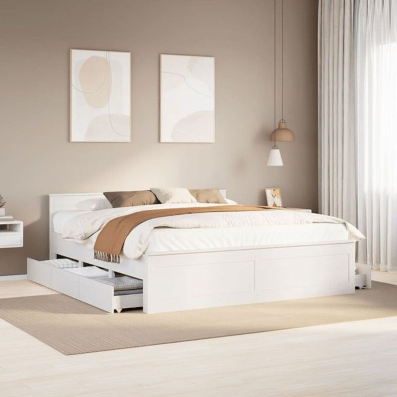 Vidaxl Massivholzbett aus Kiefer mit Kopfteil in Weiß, Landhausstil und minimalistisches Design, B/T: 200 x 200 cm - Bild 1
