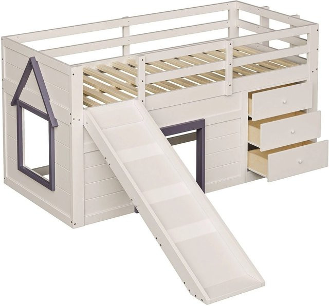 KOMHTOM Niedriges Hochbett für Kinder mit Rutsche, drei Schubladen und zwei Türen, Farbe: Beige, B/T/H: 200 x 90 x 120 cm - Bild 1