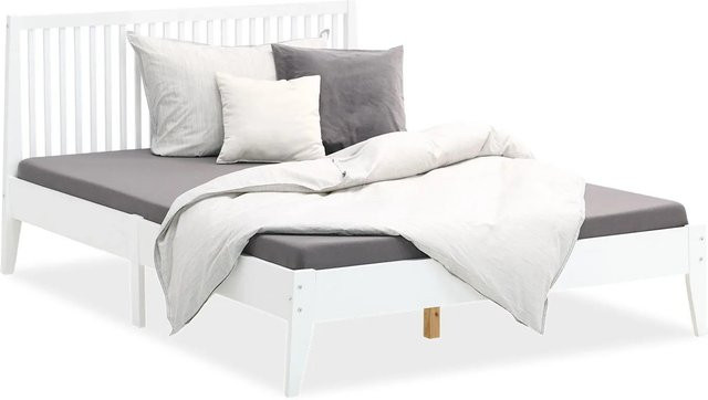Homestyle4u Doppelbett aus Kiefernholz mit Kopfteil in Weiß, B/T/H: 140 x 200 x 107 cm - Bild 1