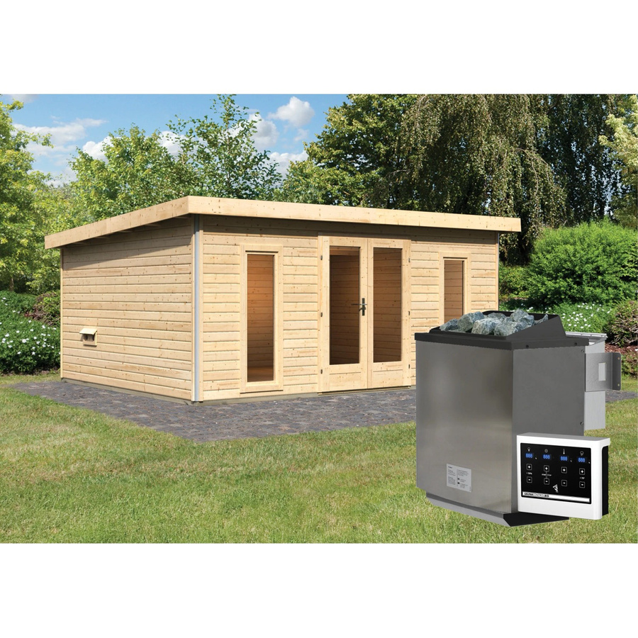 Karibu Saunahaus Magnus 4 Set in Natur aus nordischer Fichte mit 9 kW Bio Ofen und externer Steuerung - Bild 2