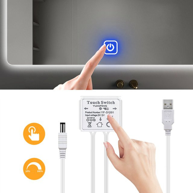 AIMENGTE LED Touch Dimmschalter für Badezimmerspiegel, 5V USB Anschluss, Weiß - Bild 1