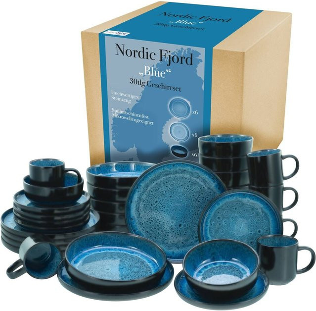 CreaTable Kombiservice Nordic Fjord Blue aus Steinzeug, 30-teilig, Blau - Bild 1