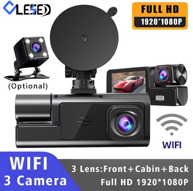 OLESED WLAN-Autokamera mit 3 Kameras, FHD 1080P Videorekorder, 3-Kanal-Vorder- und Rückansicht, Nachtsicht, Blackbox-DVR für Fahrzeugsicherheit, Schwarz - Bild 1