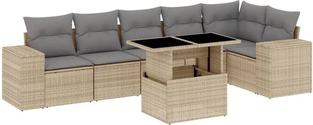 vidaXL 7-tlg Garten-Sofagarnitur in L-Form aus beigem Poly-Rattan mit Kissen und pulverbeschichtetem Stahlgestell - Bild 1