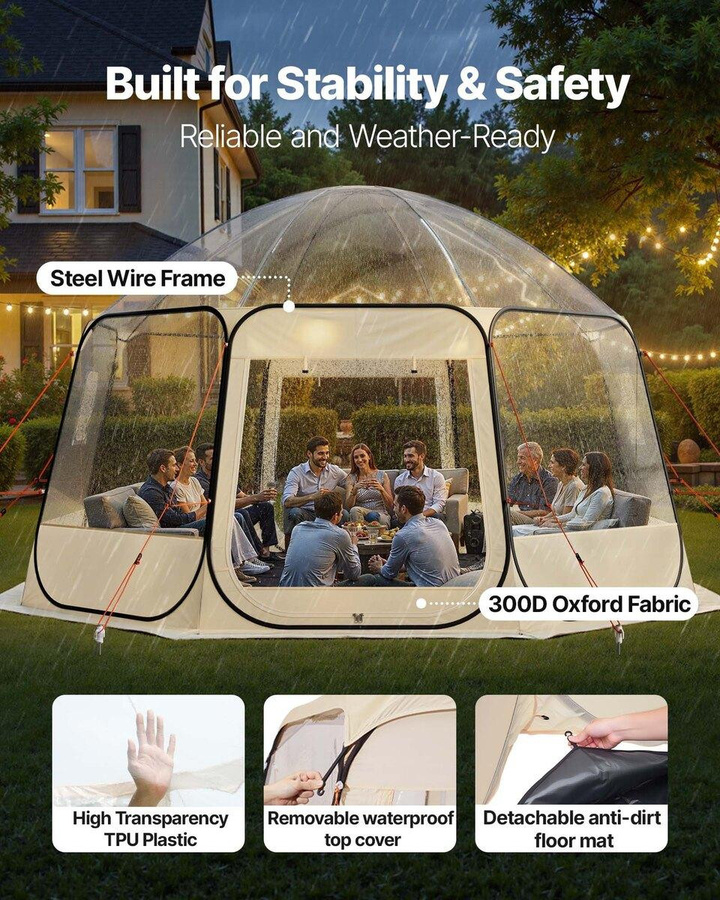 Buying Solutions, MB Pop-up Blasen Zelt Kuppel in Beige und Transparent, Wasserdicht & UV-Beständig, Outdoor Campingzelt mit Fenstern und 540° Panorama-Sicht, B/T/H: 458 x 432 x 230 cm - Bild 4