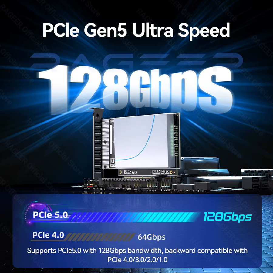 RAGEER PCIe 5.0 zu U.2 SFF-8639 Adapter für U.2 SSD zu PCIe X4/X8/X16 Erweiterungskarte, 128Gbps, Schwarz - Bild 2