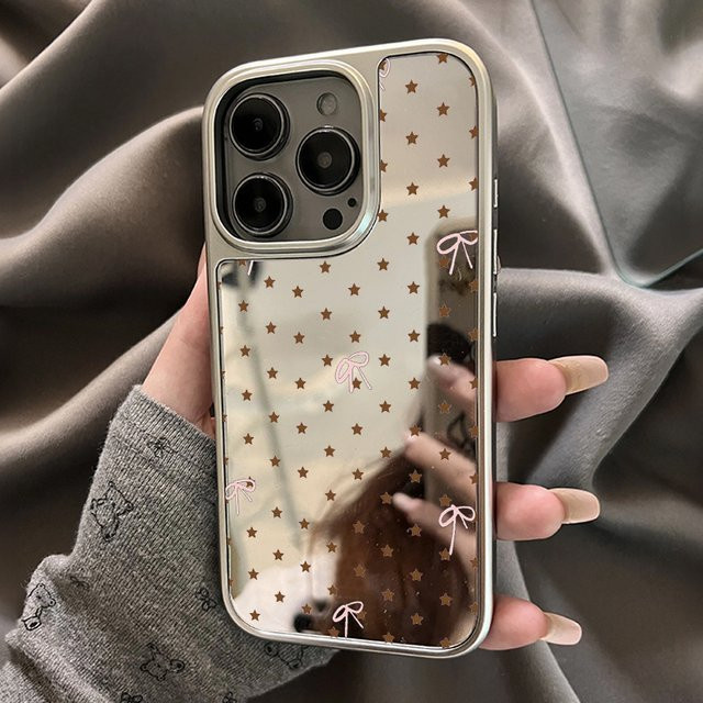 DecoPhone Anti-Drop-Spiegel-Handyhülle mit Sternen und Schleifen aus Epoxidharz in Silber für iPhone 11 bis iPhone 17 Pro Max - Bild 1