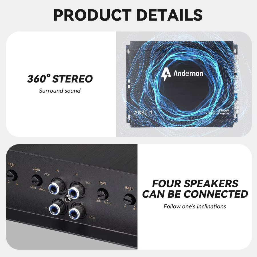 Andeman 4-Kanal 12V Auto-Leistungsverstärker Digital Stereo Surround Passiver Subwoofer Audio Player in Schwarz mit max. 8800W - Bild 3