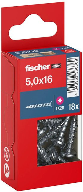 Fischer PowerFast II Pan Head TX Vollgewindeschraube für Holz, verzinkt, Silber, Durchmesser: 5 mm, Länge: 16 mm, 18 Stück - Bild 1