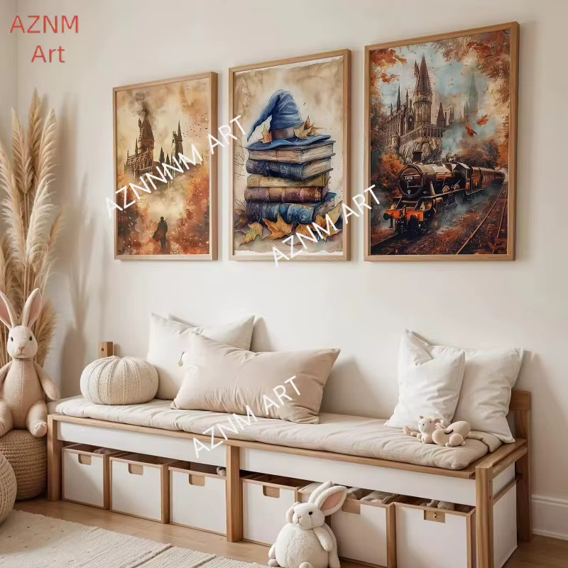 3-teiliges KAYOU Wandkunst-Poster-Set mit Fantasy-Motiven wie Magischem Schloss, Zug und Eule in Mehrfarbig für Kinderzimmer und Herbst-Dekoration - Bild 3