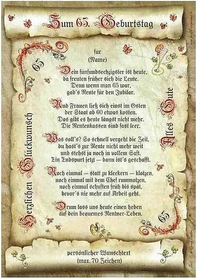 Personalisierte Urkunde zum 65. Geburtstag in Beige im Vintage-Stil von tantum graphic - Bild 1