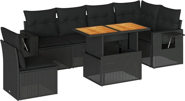 vidaXL 7-teilige Garten-Sofagarnitur in L-Form aus Polyrattan und Akazienholz mit Kissen in Schwarz - Bild 1