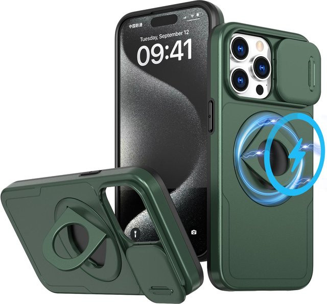 Yiran MagSafe Magnetische Schutzhülle für iPhone 15 14 13 12 11 Pro Max Plus X XR XS mit Ringhalter und Schiebeobjektivschutz in Schwarz - Bild 1