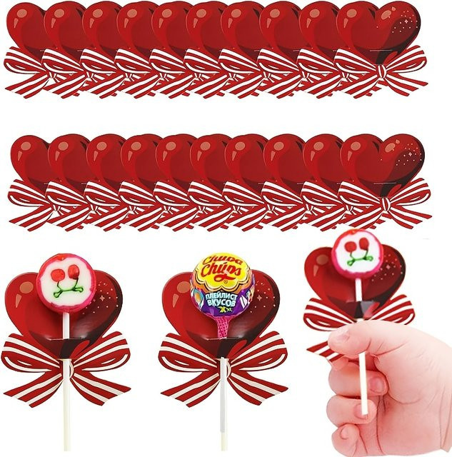 50er Paket Rote Herz Schleifen aus Papier für Lutscher und Grußkarten zur Dekoration von Valentinstag, Hochzeit oder Partys - Bild 1