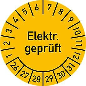 moedel Prüfplaketten für elektrische Geräte, gelb, Folie, Durchmesser: 30 mm, 10 Stück pro Bogen, Prüfzeitraum 2026–2031 - Bild 1