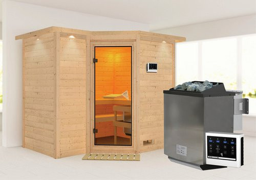 Karibu Riga 2 Bio-Kombi-Sauna aus Fichtenholz für 4 Personen inklusive 9 kW Saunaofen mit externer Steuerung, beige, B/T/H: 264 x 198 x 212 cm - Bild 1