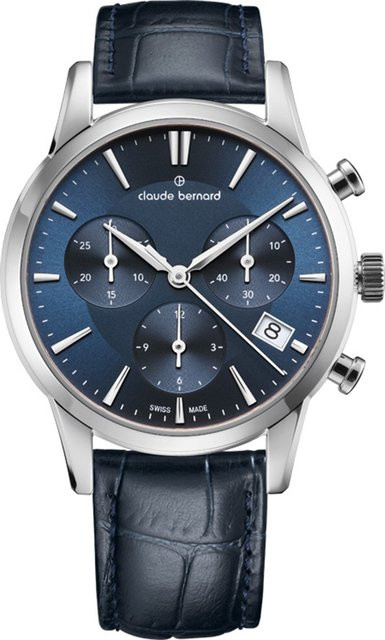 Claude Bernard Chronograph, Damenuhr, Quarz, Edelstahl, Leder, Blau, 35 mm - Bild 1
