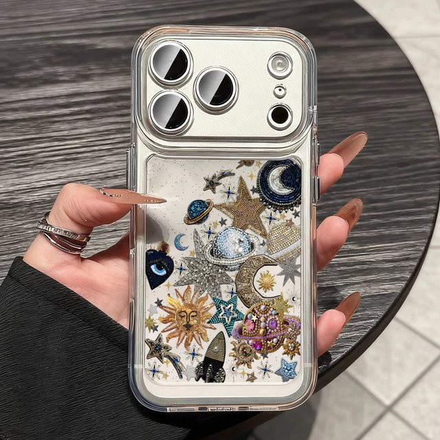 Transparente iPhone Schutzhülle mit goldenen Sternen und Mond im Y2K Diamantmuster aus TPU für Apple iPhone 16 Pro Max 17 15 14 13 12 11 - Bild 1