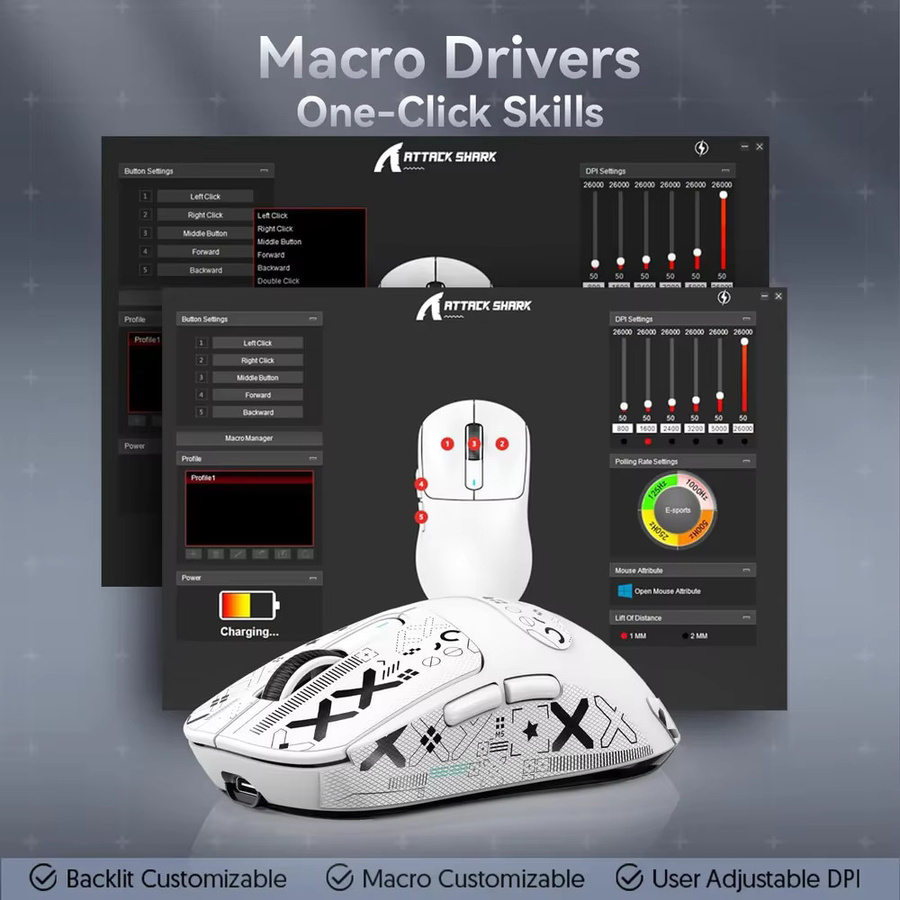ATTACK SHARK X3 Leichte kabellose Gaming-Maus in Weiß mit Tri-Mode Verbindung (2,4 GHz, Bluetooth, USB-C), 26K DPI PAW3395 optischer Sensor und programmierbaren Tasten - Bild 4